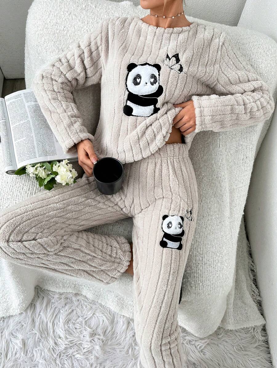 SHEIN Cottnline Women's Cartoon Panda Embroidery Flannel Pajama Set - Beige - View 1