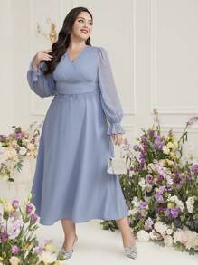 Modelyn Đầm dạ hội dài tay đèn lồng màu trơn cỡ lớn cổ chữ V thường ngày - Màu xanh lam - Xem 3