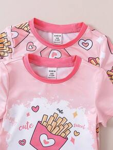 嬰兒女孩粉色薯條圖案修身睡衣,適合居家穿著 - 彩色 - 查看 7