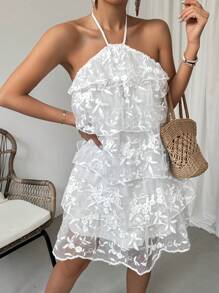 Chiquease Women's Multi-Layered Mesh Dress With Floral Print And Ruffle Hem, Halter Neckline - White - View 3