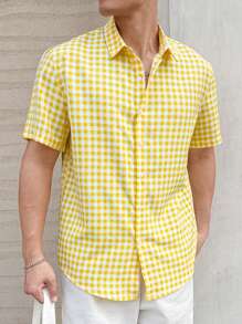 Manfinity Hypemode 男士方格短袖襯衫 - 黃色 - 查看 4
