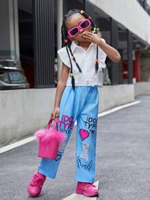 SHEIN Young Girl's Solid Color Ruffle Edge Top And Jeans Like Heart Letter Print Long Pants Two Piece Set - White - View 4