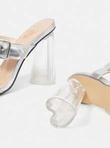 女性時尚方頭鞋,銀扣高跟涼鞋 - 銀色 - 查看 3