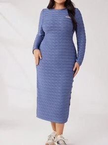 Mulvari Kích thước lớn Của phụ nữ Vá chữ cái Dệt kim Vòng cổ Tay áo dài Đầm - Màu xanh lam - Xem 1