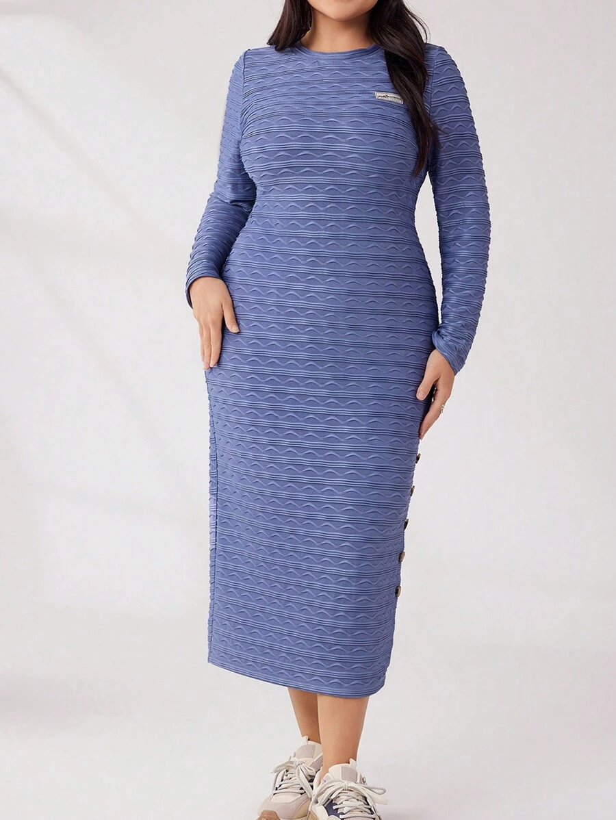 Mulvari Kích thước lớn Của phụ nữ Vá chữ cái Dệt kim Vòng cổ Tay áo dài Đầm - Màu xanh lam - Xem 1