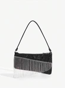 SHEIN ICON Women Diamond Tassel Glitter Shoulder Bag, Evening Bag, Club, Rhinestone - Black - View 1