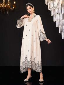 Al Najma 缺口 V 領喇叭袖阿拉伯風格連身裙 - 彩色 - 查看 6