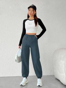 SHEIN PETITE Của phụ nữ Màu thuần Người chạy bộ Quần Cargo - Màu xanh bụi bặm - Xem 6