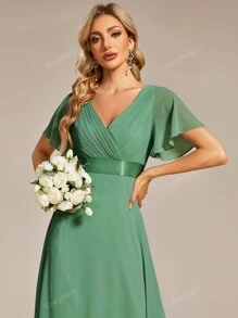 EVER-PRETTY Elegante vestido verde de dama de honor de primavera con escote en V, mangas mariposa fruncidas y para invitados de boda