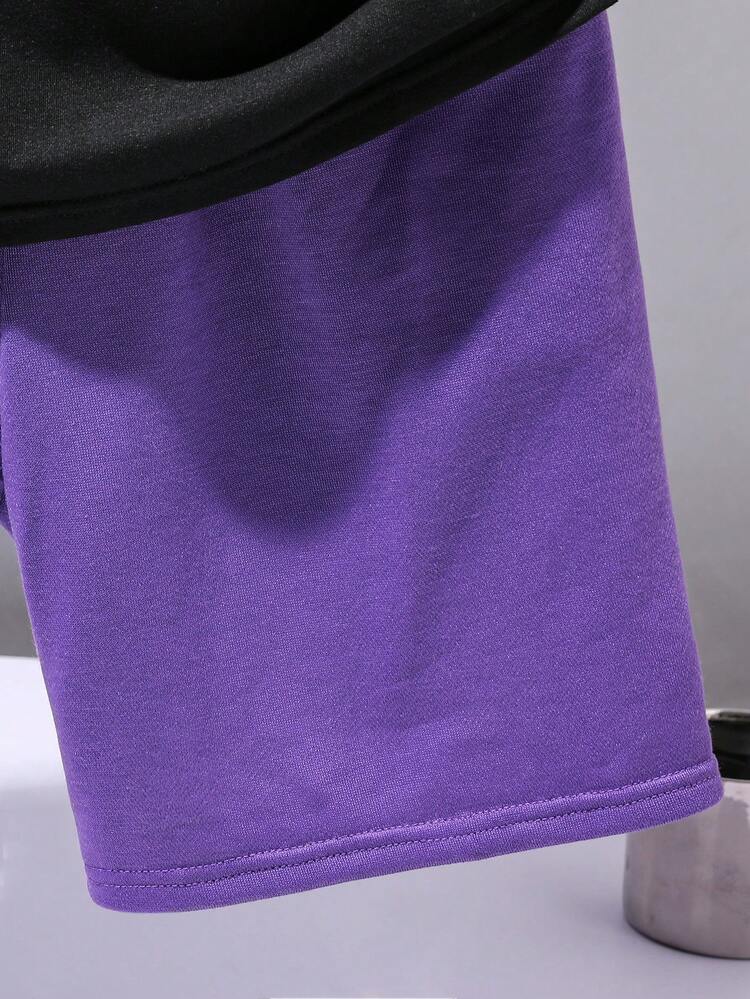 2pcs/Set Tween Boys' Casual Street Style Print Pattern Round Neck Short Sleeve T-Shirt And Solid Color Shorts Knit Suit