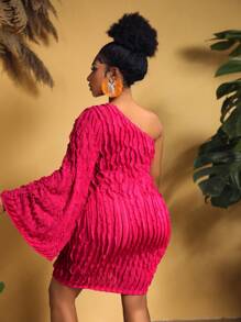 Slaydiva Plus Size Pink One-Shoulder Ruffle See-Through Mini Dress - Hot Pink - View 3