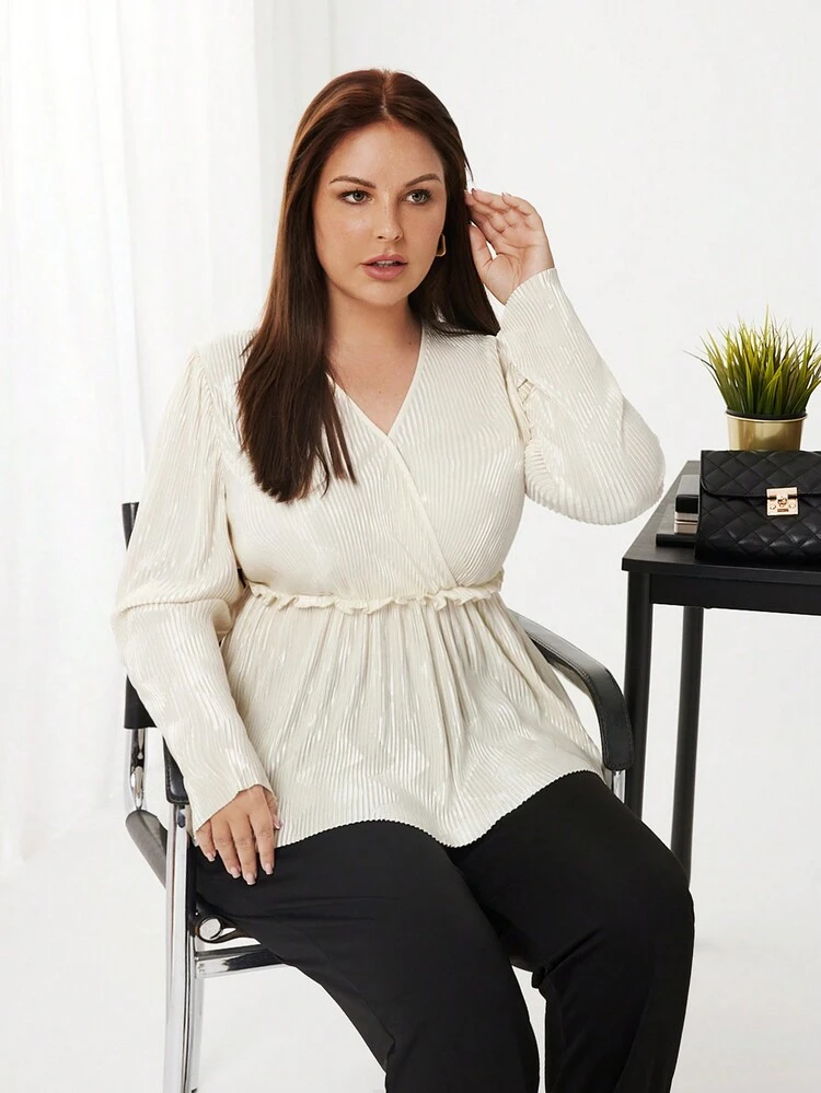Plus Size Women's Long Sleeve Shirt With Ruffle Hem And Frill Edge Detailing