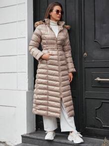 EURMUSE Fuzzy Trim Hooded Puffer Coat - Beige - View 4