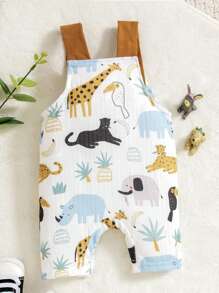SHEIN Baby Boy Casual Basic Cute & Fun Animal Print Giraffe, Rhinoceros & Leopard Pattern Overall Shorts, Great For Spring And Summer Outdoors - Multicolor - View 2