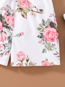 SHEIN Tween Girl Floral Print Romper With Asymmetric Neckline & Ruffle Trim - Pink - View 6