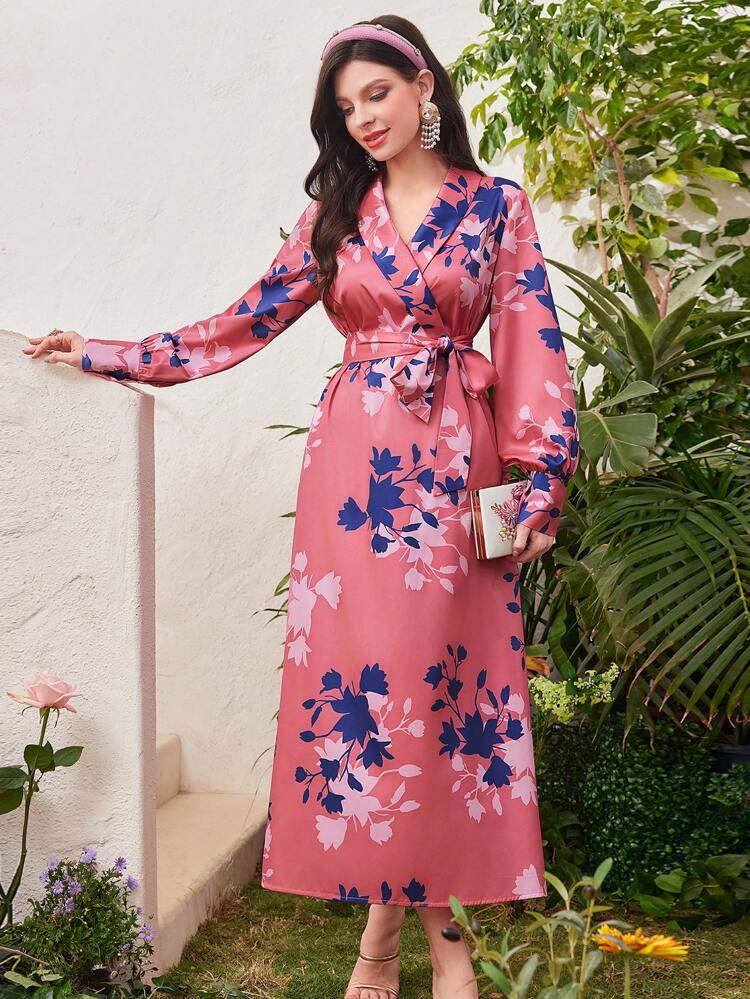 Women's Off-Shoulder Belted Long Sleeve Dress Long Evening Dresses