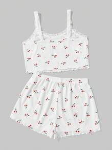 ROMWE Kawaii Cherry Print Knit Cami Pajama Set For Women, School - Multicolor - View 2