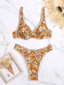 SHEIN Swim 女式花卉印花比基尼套裝 - 彩色 - 查看 5