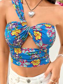 Soleia Women's Floral Print One Shoulder Hollow Out Top - Blue - View 6