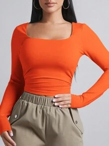 SHEIN BAE 女式純色方領長袖t卹 - 橘色 - 查看 6