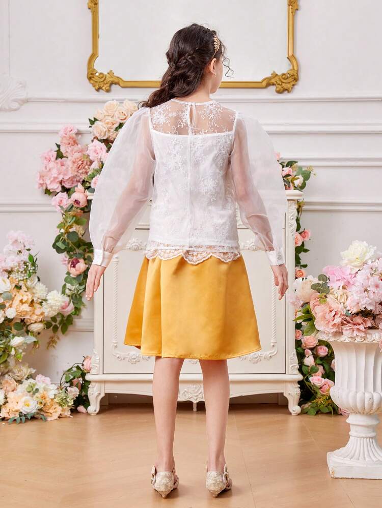 Tween Girl Round Neck Lantern Sleeve Sheer Embroidered Blouse With Detachable Waist Belt And Skirt Two Pieces Set