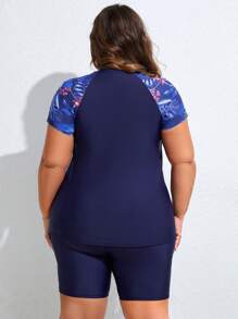 SHEIN CURVE+ 大尺寸時尚花印圓領短袖泳衣套裝 - 藏蓝色 - 查看 3