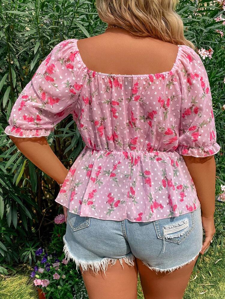 Plus Size Floral Print Babydoll Shirt With Sweetheart Collar