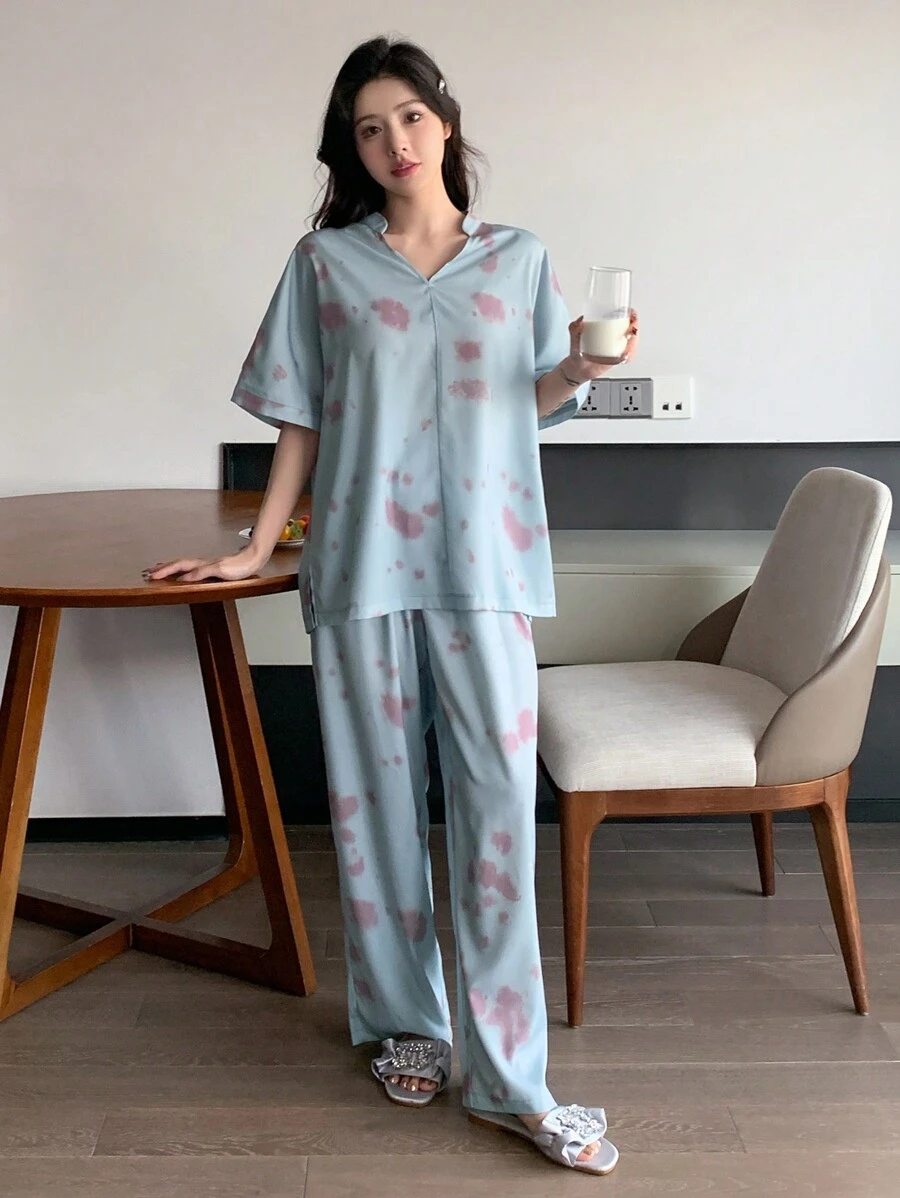 DAZY 扎染效果花卉印花缺口领睡衣套装 - 灰色 - 查看 1