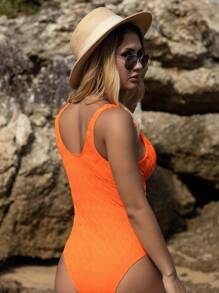 SHEIN Swim Bộ đồ tắm một mảnh cổ chữ V đi biển mùa hè màu cam cho nữ - Màu Cam san hô - Xem 2