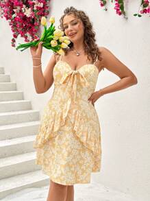 Dreamara Rochie Cu Nod Fata Cu Imprimare Florala Dimensiuni Plus Cu Volane Rochie Bretele Spaghetti - Galben - Vizualizare 5