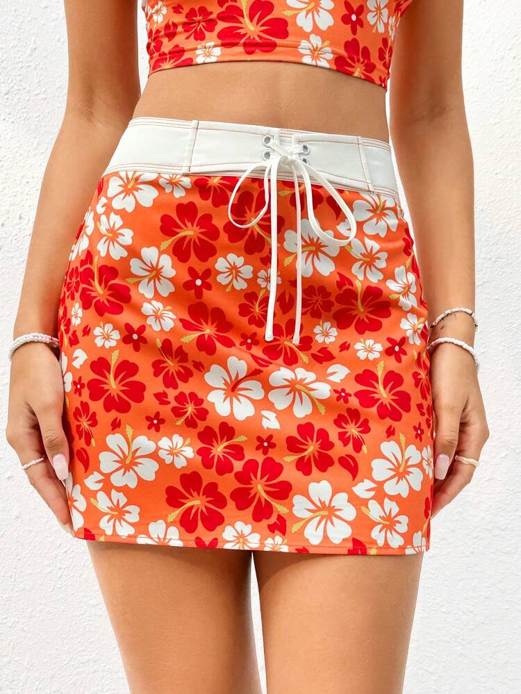 Women's Floral Printed Cross Tied Waist Skirt