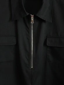 Claim Dot 男士拉鍊半扣短袖襯衫，寬鬆V領純黑外出休閒襯衫 - 黑色 - 查看 5