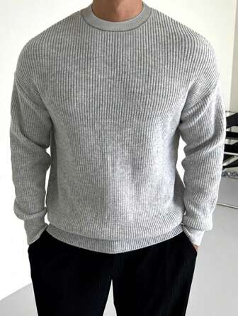 Herr Enfärgad Ribbad Stickad Nedsänkt Axeltröja, Långärmad Topp