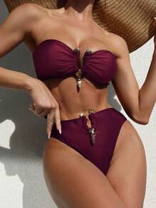 Vaytide 2 件套女士纯色性感露肩比基尼适合海滩度假 2025 年夏季 - 酒紅色 - 查看 3