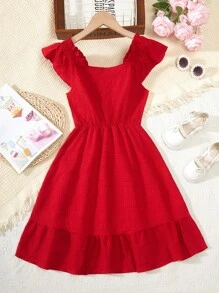 Vestido Con Ribete De Volantes De Color Liso Para Niñas Adolescentes - Rojo - Ver 1