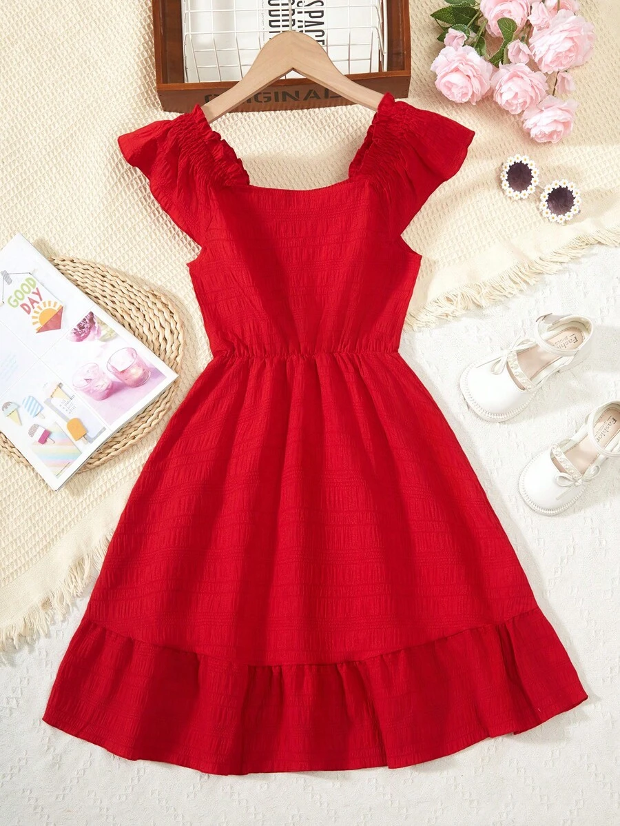 Vestido Con Ribete De Volantes De Color Liso Para Niñas Adolescentes - Rojo - Ver 1