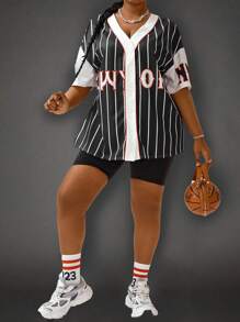 Maweii Plus Size Letter Printed Baseball Jersey Shirt - Black and White - View 5