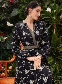 Modelyn Flower Embroidered Patchwork Ribbon Decor Notched Collar Lantern Sleeve Dress Long Evening Dresses