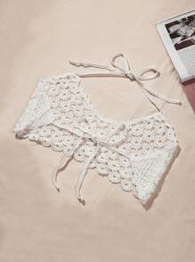 SHEIN Swim Summer Women's One Piece Knitted Cover Up Top With Back Knot And Halter Hook - White - View 2