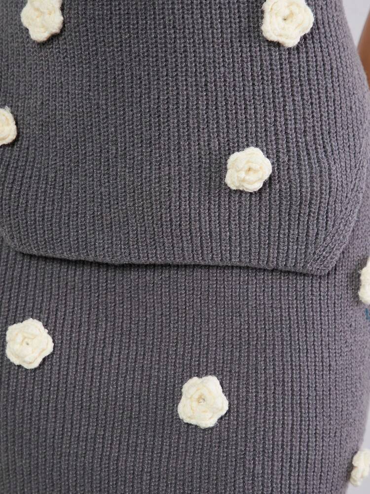 Women Crocheted Rosette Rib-Knit Top And Skirt Set