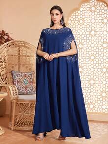 Women's Solid Color Round Neck Cuff & Collar Beaded, Rhinestone Decorated Abaya, Suitable For Various Occasions Like Festivals, Gatherings, Daily Wear, Soft & Comfortable