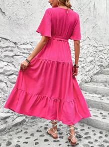 SHEIN VCAY 女性v領荷葉邊短袖連衣裙 - 粉色 - 查看 2