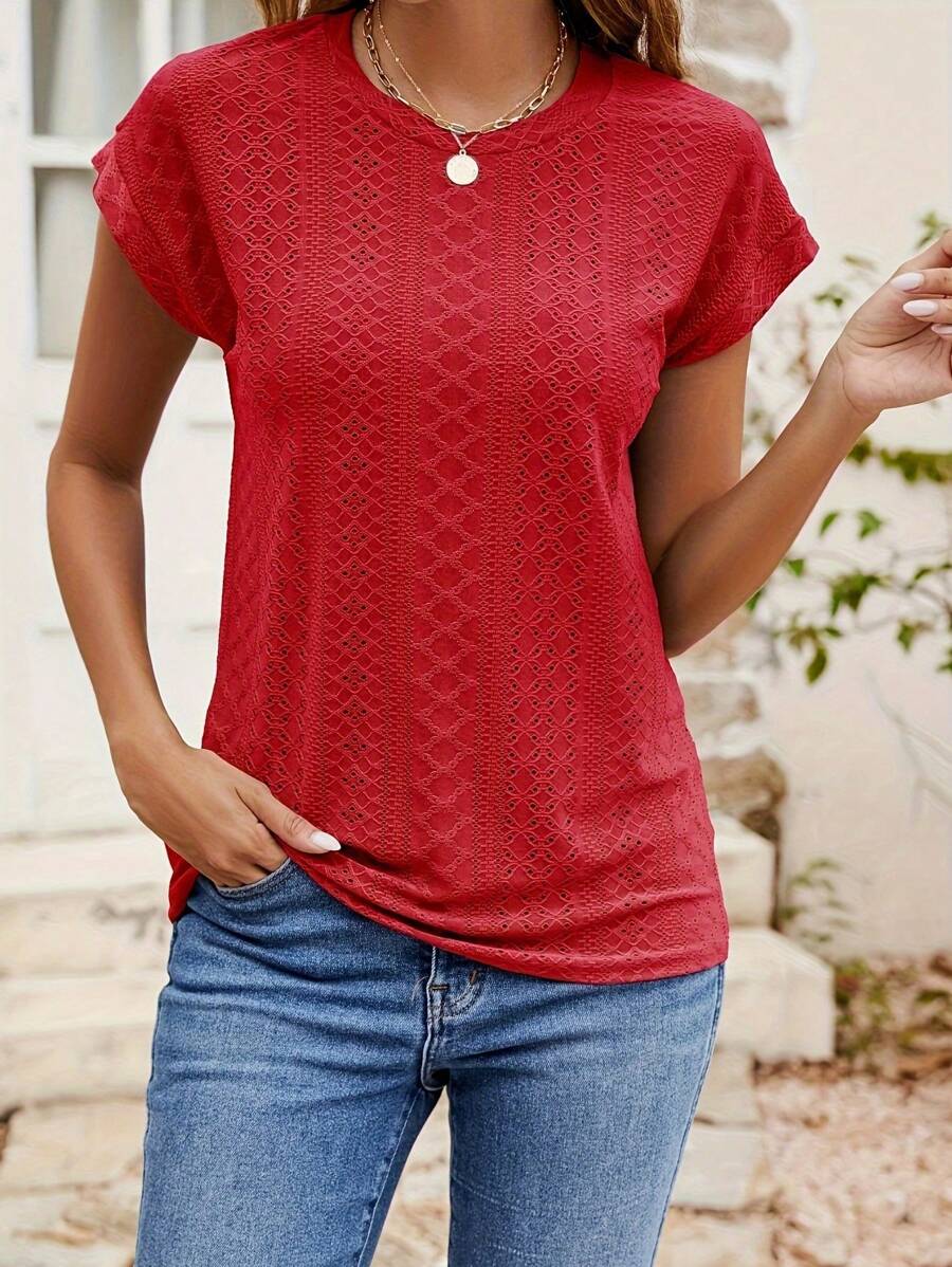 Áo thun nữ trơn màu thêu khoét rỗng, thời trang tối giản, mặc thường ngày - Đỏ - Xem 1