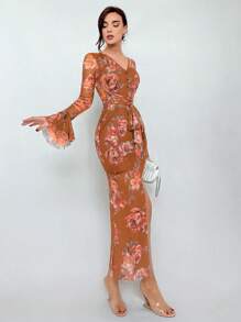 Aloruh 女款花卉印花V領喇叭袖網紗連衣裙 - 彩色 - 查看 1