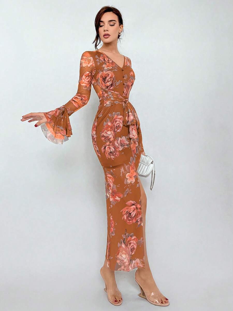 Aloruh 女款花卉印花V領喇叭袖網紗連衣裙 - 彩色 - 查看 1