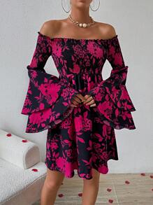 Chiquease 女款露肩荷葉袖花卉印花洋裝 - 彩色 - 查看 1