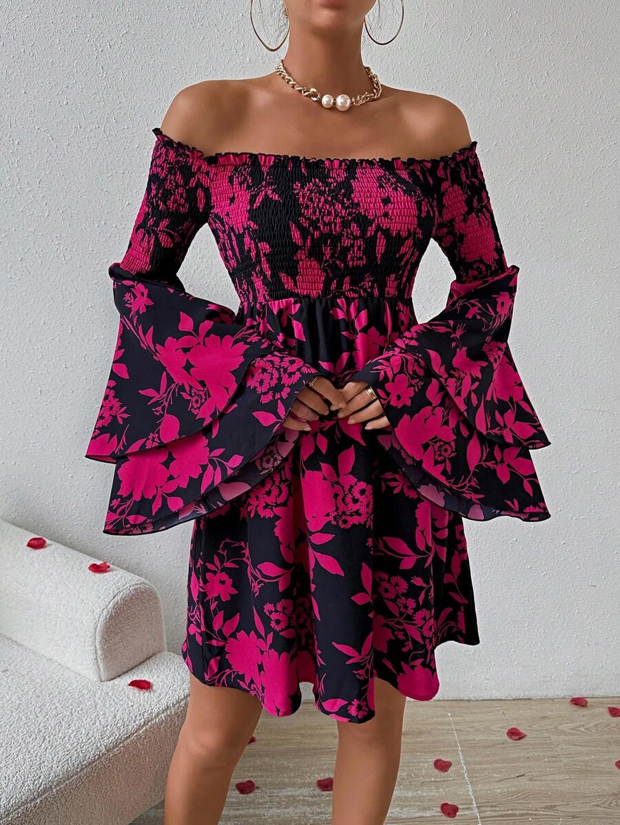 Chiquease 女款露肩荷葉袖花卉印花洋裝 - 彩色 - 查看 1