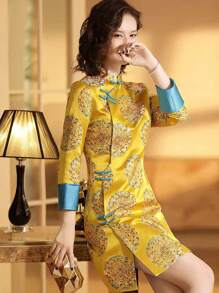 Váy Qipao cổ vuông in họa tiết mừng năm mới của Trung Quốc - Màu vàng - Xem 3