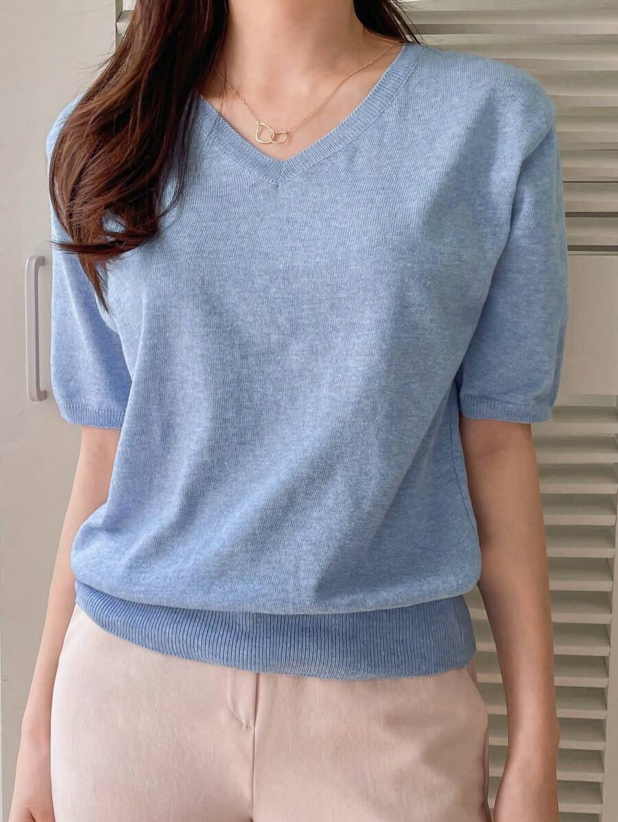 DAZY Áo len dệt kim nhẹ cổ chữ V tay ngắn màu trơn dành cho nữ, trang phục thường ngày công sở mùa hè thu - Màu xanh lam - Xem 1