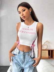 Flirla Women's Slogan Graphic Lace-Up Side Crop Tank Top I KNOW I'M YOUR FAVORITE Graphic Tees Women Tops - White - View 4